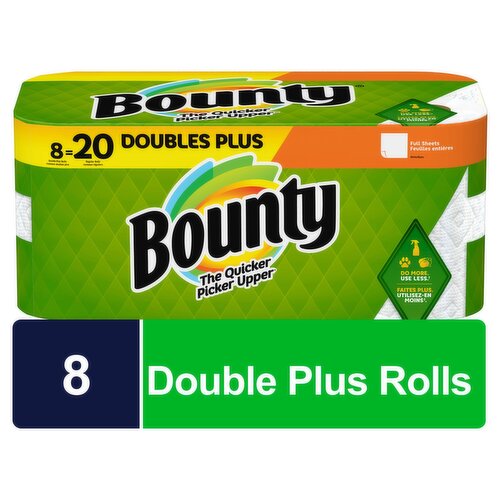 Bounty White Full Sheets Double Plus Rolls Paper Towels, 8 count