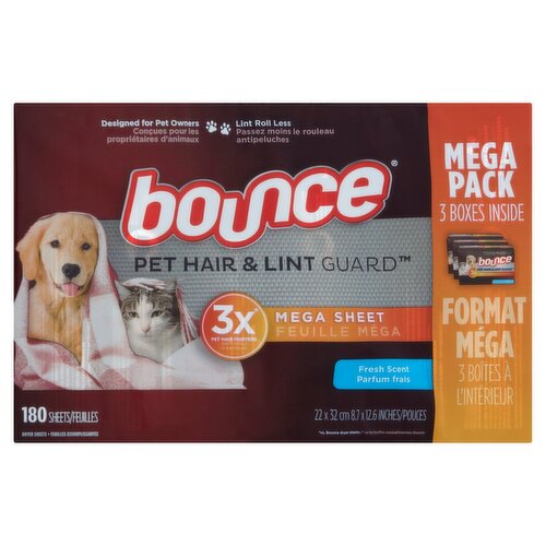 Bounce Pet Hair & Lint Guard Fresh Scent Mega Dryer Sheets Mega Pack, 180 count, 3 pack