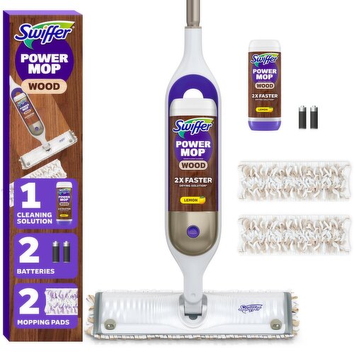 Swiffer PowerMop Wood Mop Kit for Wood Floor Cleaning, QuickDry Solution with Lemon Scent, Mopping 
