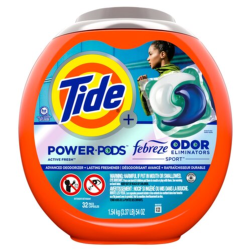 Tide+ Power Pods Febreze Odor Eliminators Active Fresh Sport Detergent, 32 count, 54 oz