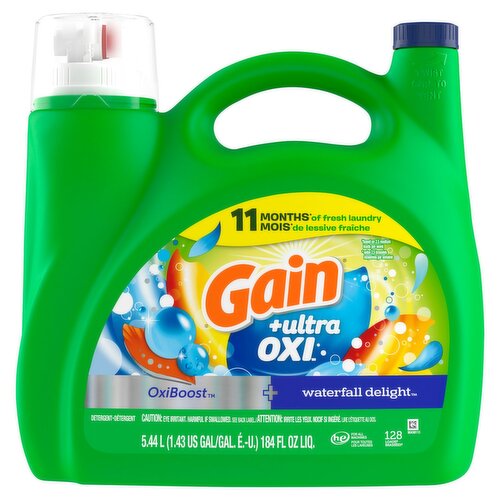 Gain +Ultra Oxi OxiBoost + Waterfall Delight Detergent, 128 loads, 184 fl oz liq