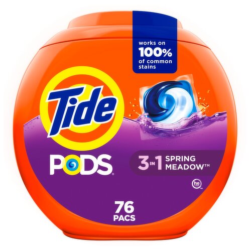Tide PODS laundry detergent pacs, 3-in-1 Stain Remover, Odor Fighter, Color Protector, 76 Count, HE