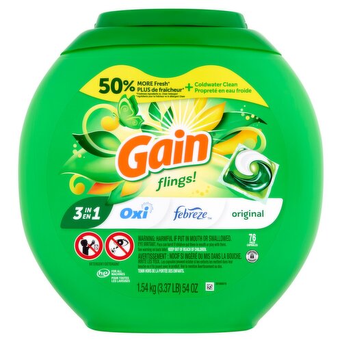 Gain Flings! 3 in 1 Oxi Febreze Original Detergent, 76 count, 54 oz