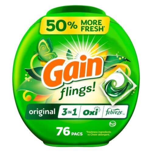 Gain Flings Laundry Detergent Pacs, 76 Count, Original Scent, with Odor Defense, concentrated laund