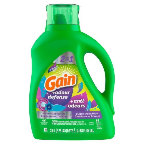 Gain +Odour Defense 2 in 1 Odour Eliminators + Super Fresh Blast Detergent, 61 loads, 88 fl oz