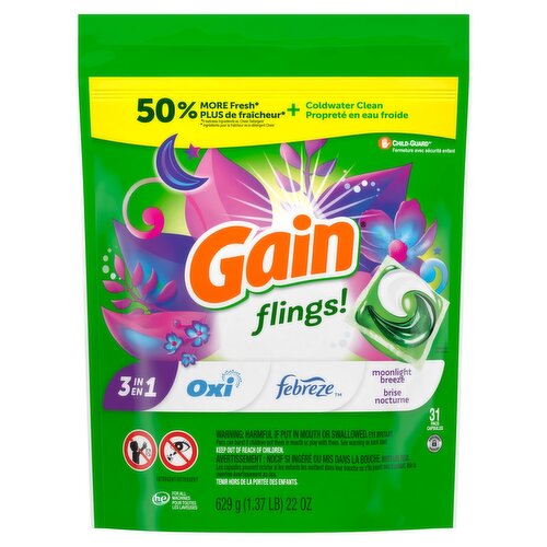 Gain Flings! Febreze Oxi 3 in 1 Moonlight Breeze Detergent, 31 count, 1.37 lb