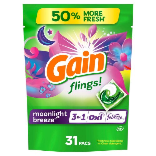 Gain Flings! 3 in 1 Oxi Febreze Moonlight Breeze Detergent, 31 count, 21 oz