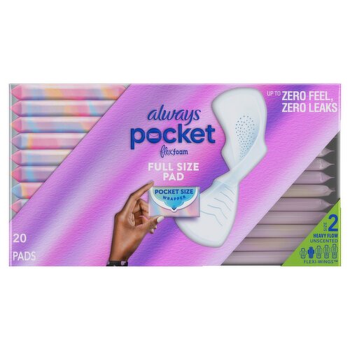 Always Pocket with FlexFoam Pads, Size 2, Heavy Flow, with Wings, Unscented, 20 CT