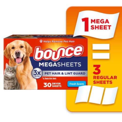 Bounce Pet Hair and Lint Guard Mega Dryer Sheets with 3X Pet Hair Fighters, Fresh Scent, 30 Count