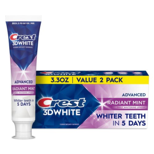 Crest 3DWhite Advanced Teeth Whitening Toothpaste, Radiant Mint, 3.3 oz, Pack of 2