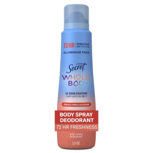 Secret Whole Body Deodorant Spray for Women, Peach & Vanilla Scent, Aluminum Free Deodorant, 72 HR 