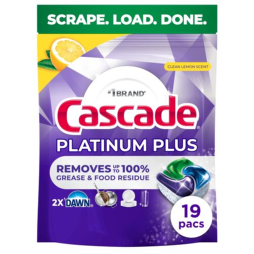 Cascade Platinum Plus Action Pacs, Dishwasher Detergent, Lemon, 19ct