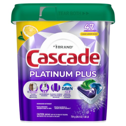 Cascade Platinum Plus Clean Lemon Scent ActionPacs Dishwasher Detergent, 47 count, 26.6 oz