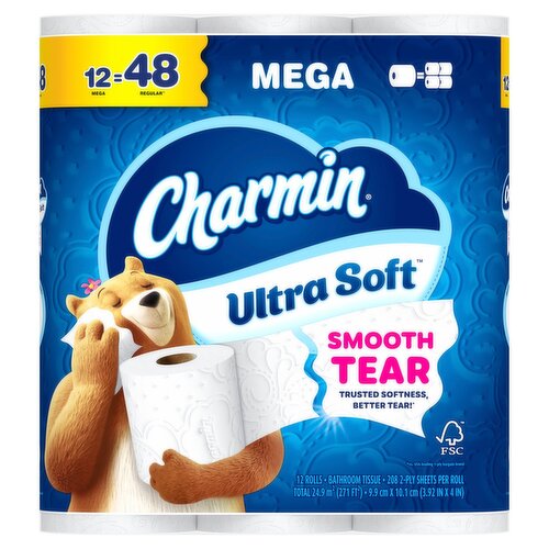 Charmin Ultra Soft Mega Bathroom Tissue Rolls, 208 2-ply sheets per roll, 12 count