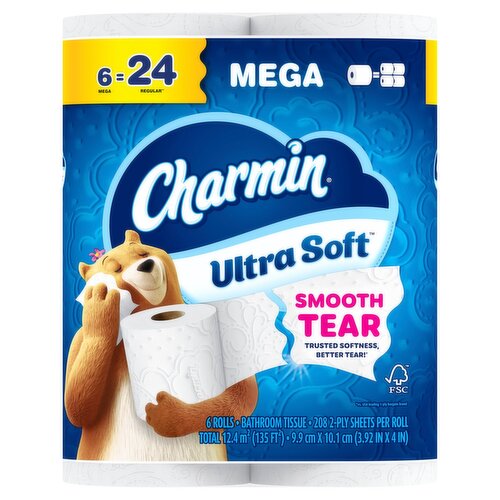Charmin Ultra Soft Mega Bathroom Tissue Rolls, 208 2-ply sheets per roll, 6 count