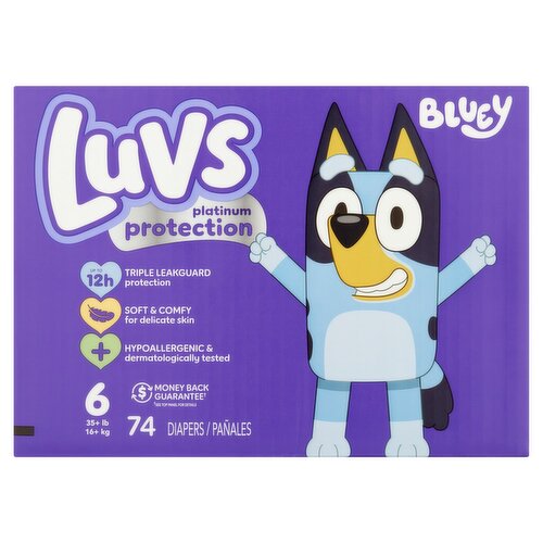 Luvs Bluey Platinum Protection Diapers, Size 6, 35+ lb, 74 count
