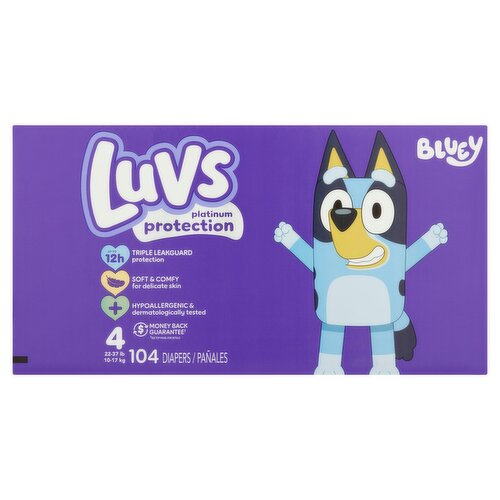 Luvs Bluey Platinum Protection Diapers, Size 4, 22-37 lb, 104 count