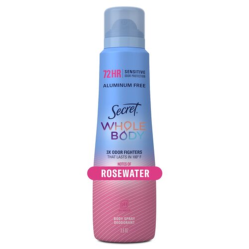 Secret Deodorant Whole Body Deodorant Spray for Women, Rosewater Scent, Aluminum Free Deodorant, 72 