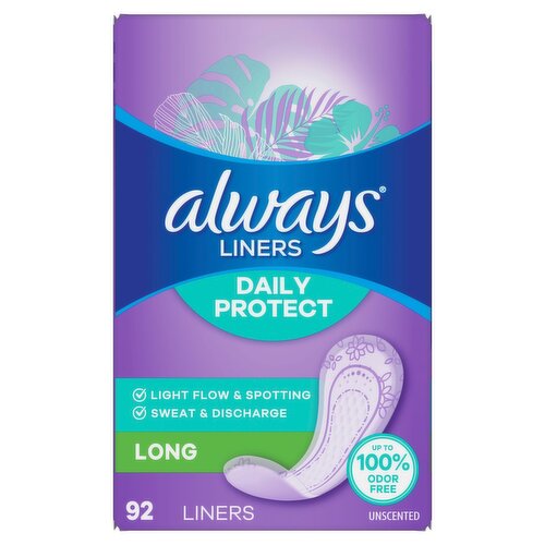 Always Daily Protect Liners, Long Length, Unscented Panty Liners, 92 Count
