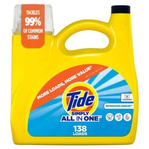 Tide Simply All-In-One Liquid Laundry Detergent, Refreshing Breeze Scent, 138 Loads, 182 fl oz