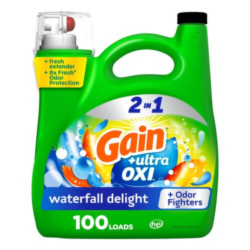 Gain Ultra Oxi Liquid Laundry Detergent, Waterfall Delight Scent, 144 fl oz, 100 loads, Freshness +