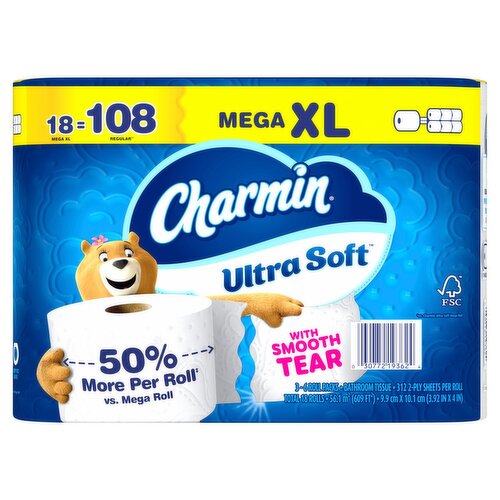 Charmin Ultra Soft Mega XL Bathroom Tissue Rolls, 312 2-ply sheets per roll, 18 count