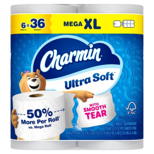 Charmin Ultra Soft Mega XL Bathroom Tissue Rolls, 312 2-ply sheets per roll, 6 count