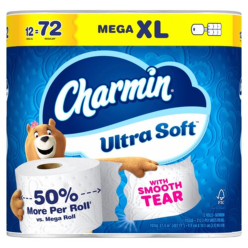 Charmin Ultra Soft Mega XL Bathroom Tissue Rolls, 312 2-ply sheets per roll, 12 count