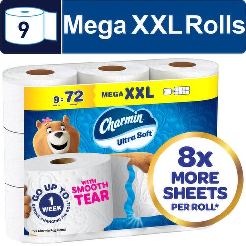 Charmin Toilet Paper Ultra Soft, 9 Mega XXL Rolls, 2-ply Bath Tissue