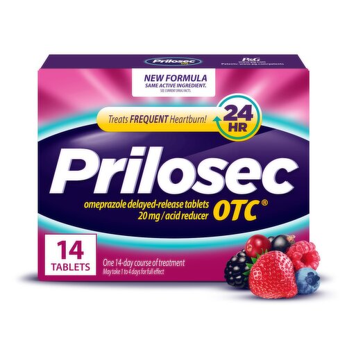 Prilosec OTC Heartburn Relief, Omeprazole, Acid Reducer Tablets, Wildberry Flavor, 14 Ct
