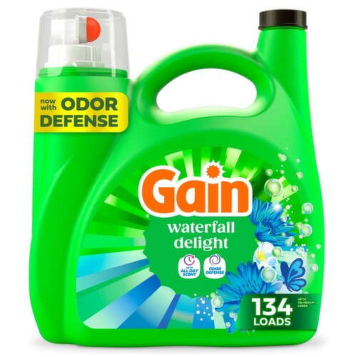 Gain Liquid Laundry Detergent, Now with Odor Defense, Waterfall Delight Scent, 177 fl oz, 134 Loads