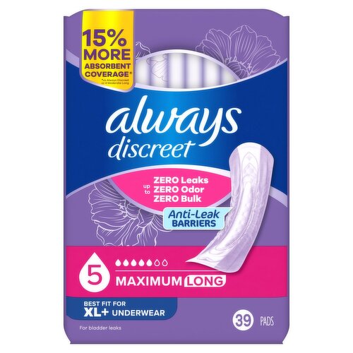 Always Discreet Incontinence Pads, Maximum Absorbency, Long, 39 Count