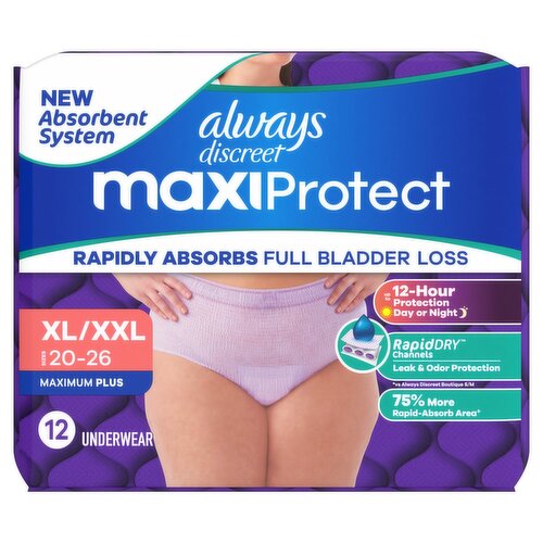 Always Discreet MaxiProtect - Reimagined Adult Diapers for Women XL/XXL, 12 Count​