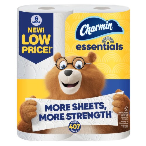 Charmin Essentials Toilet Paper 6 Mega Rolls, 407 sheets per roll