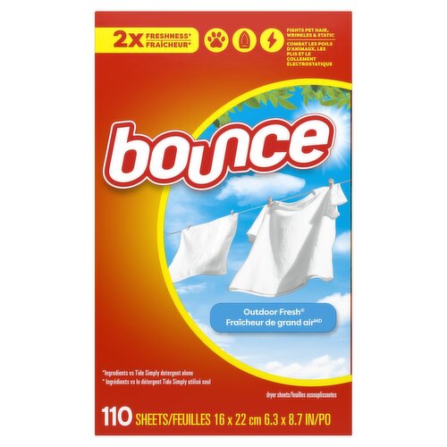 Bounce Dryer Sheets, 110 count, Outdoor Fresh Scent, Reduces static, softens, freshens, and fights 