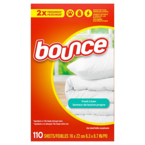 Bounce Dryer Sheets, 110 count, Fresh Linen scent, Reduces static, softens, freshens, and fights wr