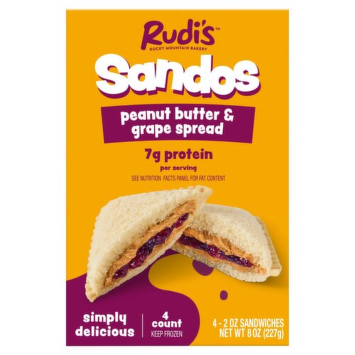 Rudi's Sandos Peanut Butter & Grape Spread Sandwiches, 2 oz, 4 count