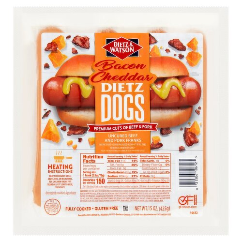 Dietz & Watson Dietz Dogs Bacon Cheddar Uncured Beef and Pork Franks, 6 count, 15 oz