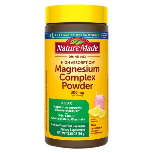 Nature Made Pink Lemonade Drink Mix Magnesium Complex Powder Dietary Supplement, 3.38 oz