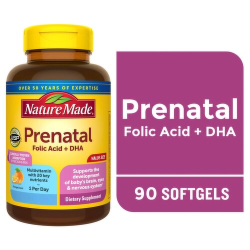 Nature Made Prenatal Folic Acid + DHA Dietary Supplement Value Size, 90 count