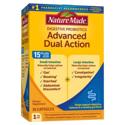 Nature Made Digestive Probiotics Advanced Dual Action Capsules, 15 Billion CFU per serving, 30 Count