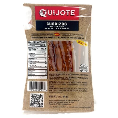 Quijote Chorizos Homestyle Dry Sausage, 3 oz