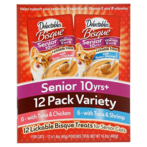 Delectables Lickable Bisque Treats for Senior Cats Pack Variety, Senior 10yrs+, 1.4 oz, 12 count