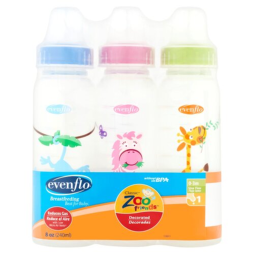 Evenflo Classic Zoo Friends Decorated 8 oz Bottles, 1 Slow Flow, 0-3m, 3 count