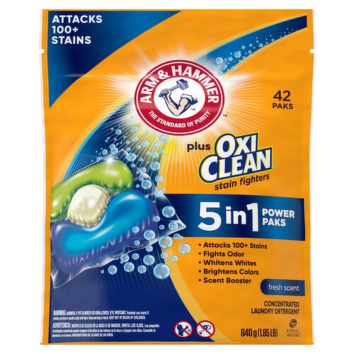 Arm & Hammer Plus OxiClean 5 in 1 Power Paks Fresh Scent Laundry Detergent, 42 count, 1.85 lb