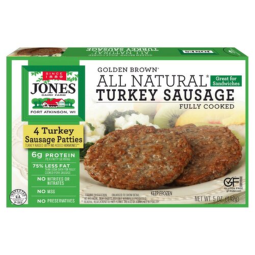 Jones Dairy Farm Golden Brown All Natural Turkey Sausage Patties, 4 count, 5 oz