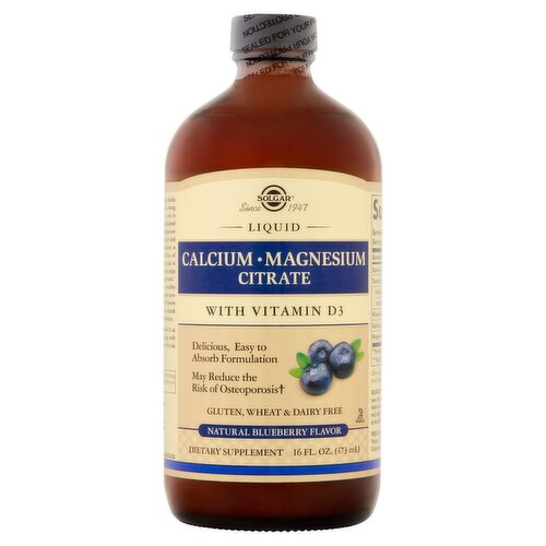 Solgar Liquid Calcium Magnesium Citrate Natural Blueberry Flavor Dietary Supplement, 16 fl oz