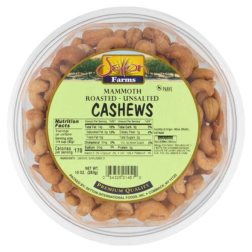 Setton Farms Mammoth Roasted Unsalted Cashews, 10 oz