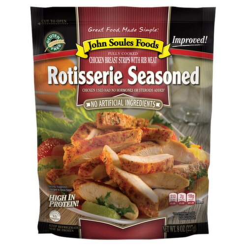 John Soules Foods Chicken Breast Strips with Rib Meat Rotisserie Seasoned, 8 oz