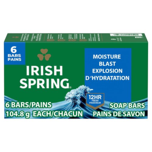 Irish Spring Moisture Blast Deodorant Soap Bars, 3.7 oz, 6 count